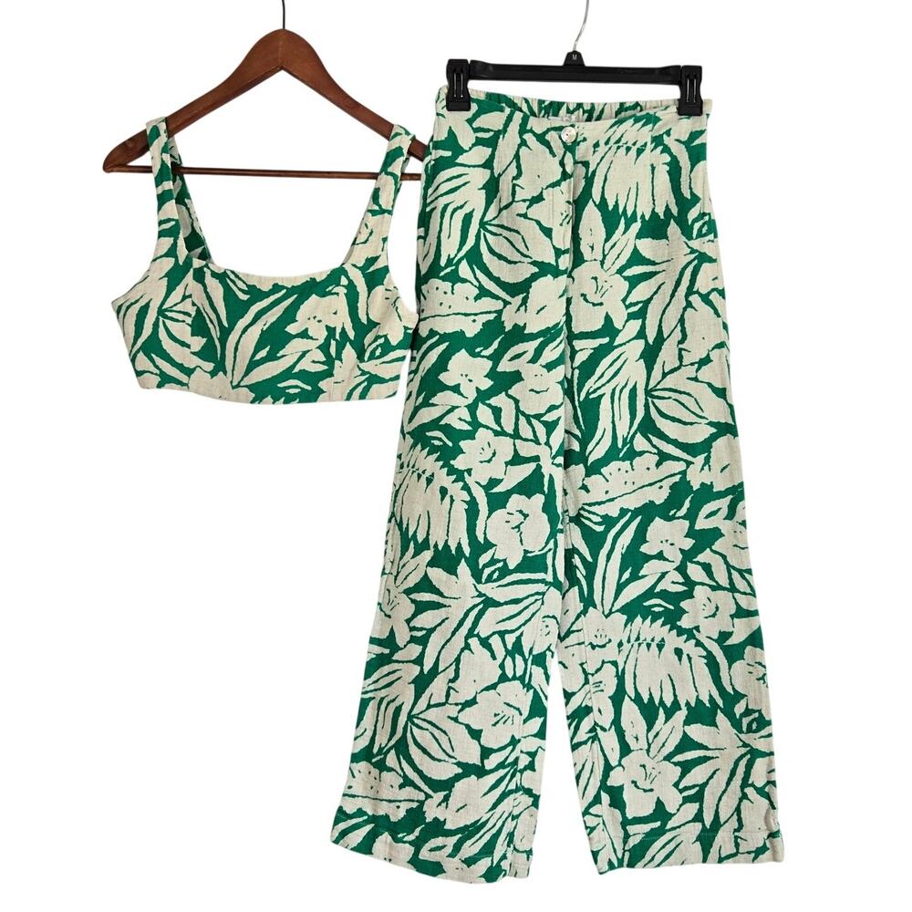 Oysho Linen Tropical Print Set Wide Leg Trousers CropTop Resortwear Vacationcore